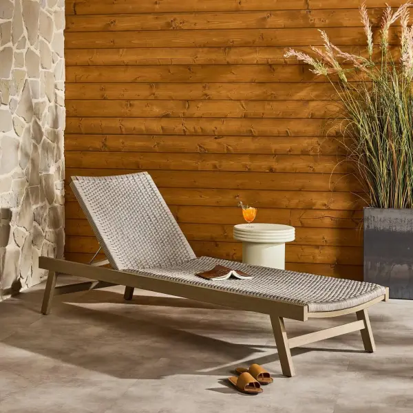 226919-001 Four Hands Delano Outdoor Chaise Lounge in Washed Brown FSC Wood