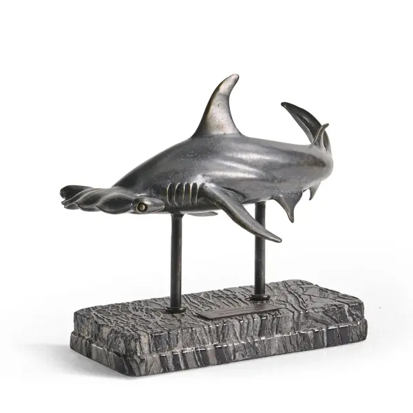 496216-DRB Arc Hammerhead Shark Bronze Statue with Marble Base in Dark Rustic Waxed Bronze