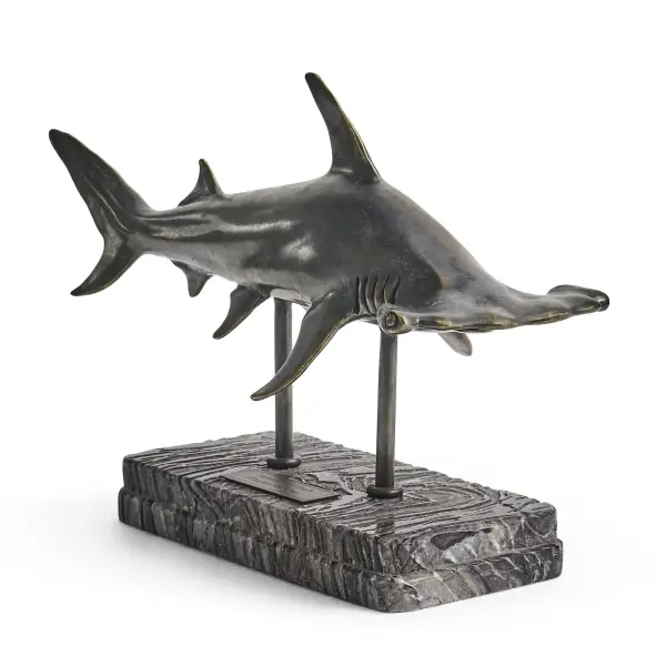 496217-DRB Glide Hammerhead Shark Bronze Statue with Marble Base in Dark Rustic Waxed Bronze