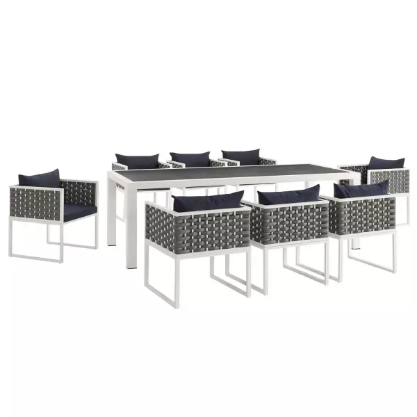 EEI-3186-WHI-NAV-SET Stance 9 Piece Outdoor Patio Aluminum Dining Set White Navy