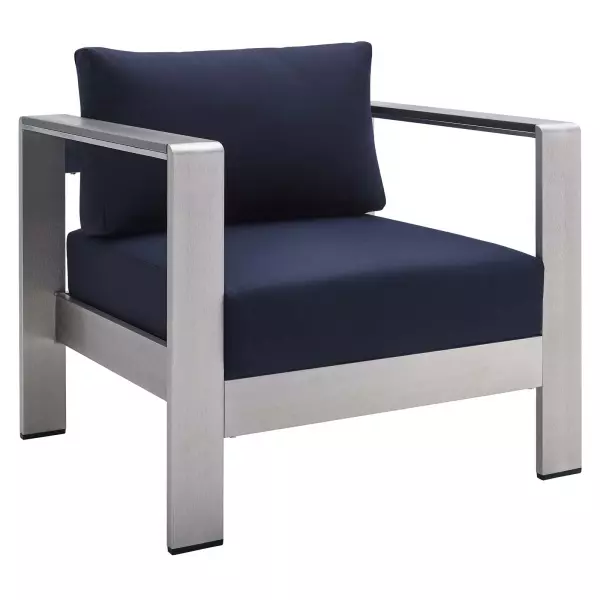 EEI-4225-SLV-NAV Shore Sunbrella® Fabric Aluminum Outdoor Patio Armchair Silver Navy