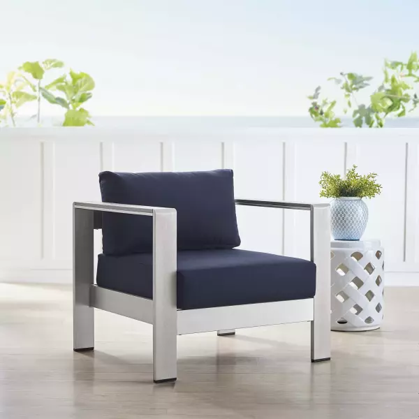 EEI-4225-SLV-NAV Shore Sunbrella® Fabric Aluminum Outdoor Patio Armchair Silver Navy