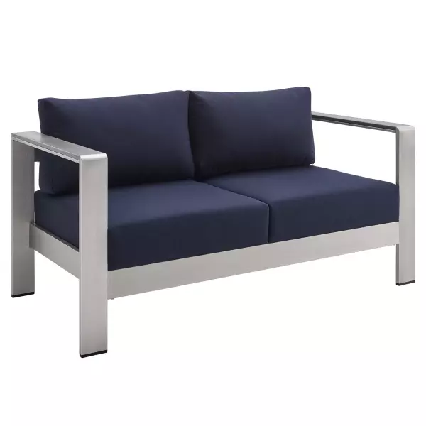 EEI-4226-SLV-NAV Shore Sunbrella® Fabric Aluminum Outdoor Patio Loveseat Silver Navy