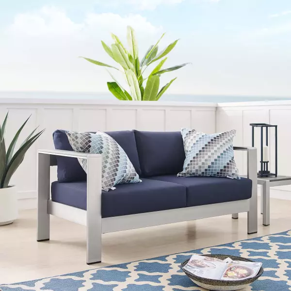 EEI-4226-SLV-NAV Shore Sunbrella® Fabric Aluminum Outdoor Patio Loveseat Silver Navy