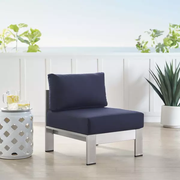 EEI-4227-SLV-NAV Shore Sunbrella® Fabric Aluminum Outdoor Patio Armless Chair Silver Navy