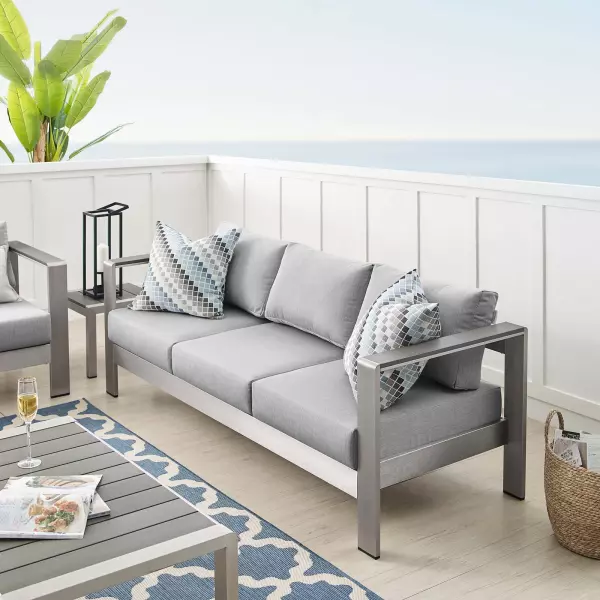 EEI-4228-SLV-GRY Shore Sunbrella® Fabric Aluminum Outdoor Patio Sofa Silver Gray