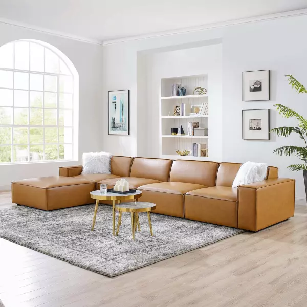 EEI-4711-TAN Restore 5 Pieces Vegan Leather Sectional Sofa in Tan