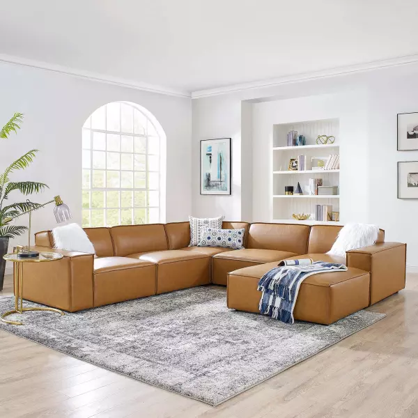 EEI-4714-TAN Restore 6 Pieces Vegan Leather Sectional Sofa in Tan