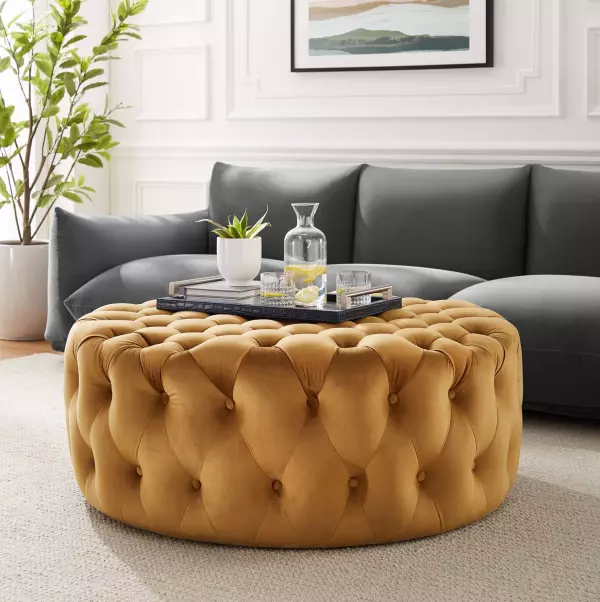 EEI-5469-COG Amour Tufted Button Large Round Performance Velvet Ottoman