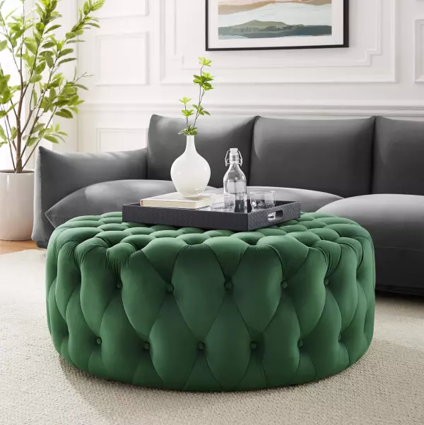 EEI-5469-EME Amour Tufted Button Large Round Performance Velvet Ottoman