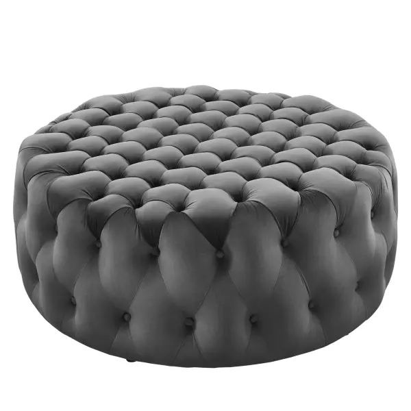 EEI-5469-GRY Amour Tufted Button Large Round Performance Velvet Ottoman