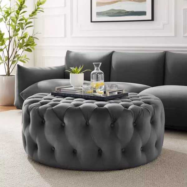EEI-5469-GRY Amour Tufted Button Large Round Performance Velvet Ottoman