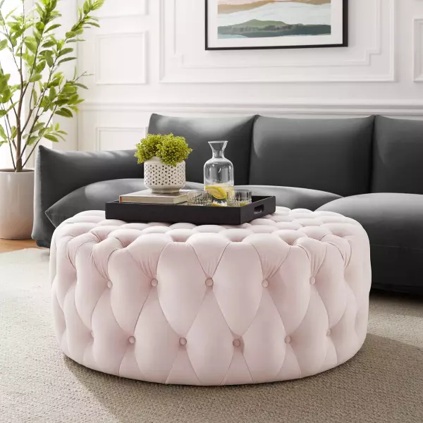 EEI-5469-PNK Amour Tufted Button Large Round Performance Velvet Ottoman
