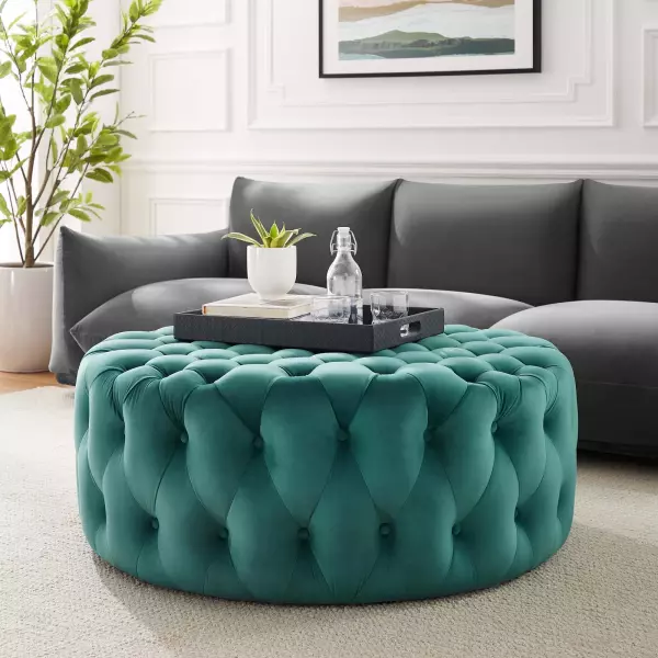 EEI-5469-TEA Amour Tufted Button Large Round Performance Velvet Ottoman