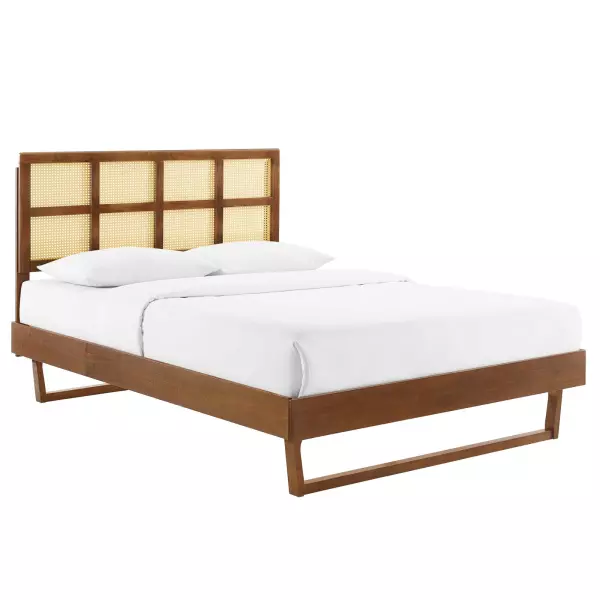MOD-6371-WAL Sidney Cane and Wood Full Platform Bed With Splayed Legs in Walnut