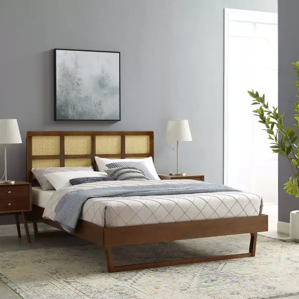 MOD-6371-WAL Sidney Cane and Wood Full Platform Bed With Splayed Legs in Walnut