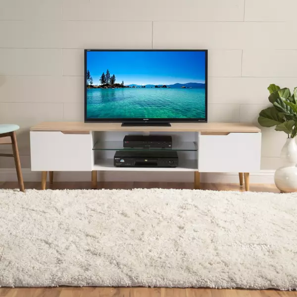 57888.00 Rowan Mid-Century Modern Two-Toned TV Stand with Glass Shelf, Oak and Matte White