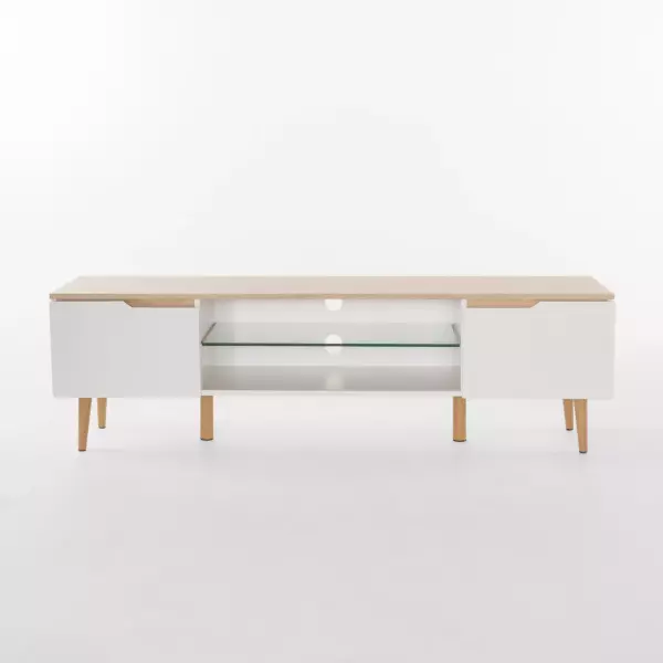 57888.00 Rowan Mid-Century Modern Two-Toned TV Stand with Glass Shelf, Oak and Matte White
