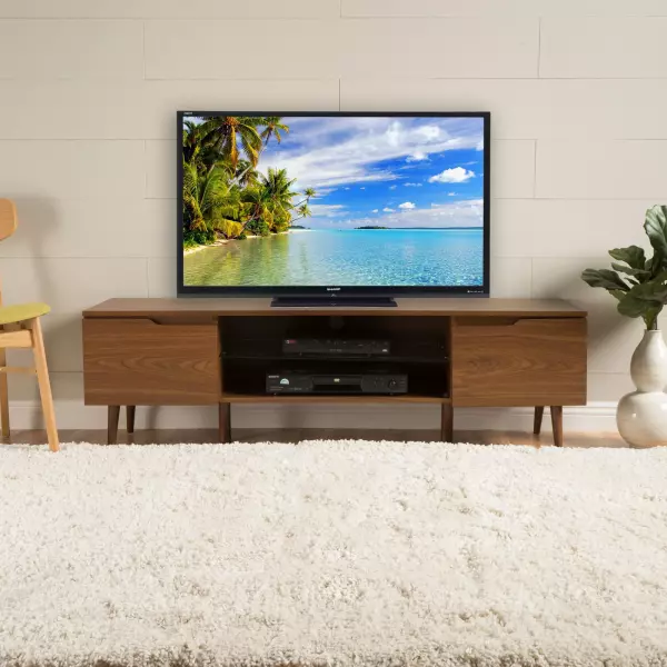 57889.00WNT Rowan Mid-Century Modern TV Stand with Glass Shelf, Walnut