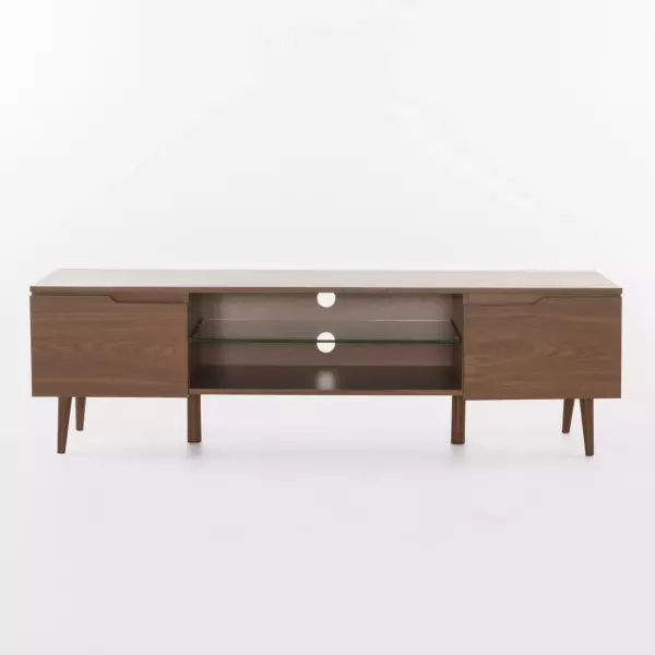 57889.00WNT Rowan Mid-Century Modern TV Stand with Glass Shelf, Walnut