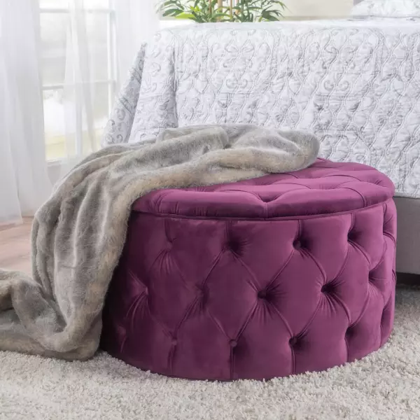 59313.00FCS Zelfa Modern Glam Tufted Velvet Round Ottoman, Purple and Black