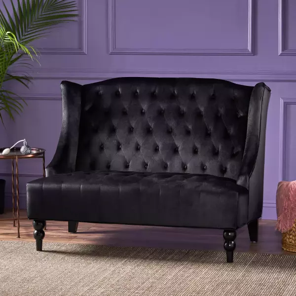 61186.00NVLTBLK Leora Modern Glam Tufted Velvet Wingback Loveseat, Black and Dark Brown