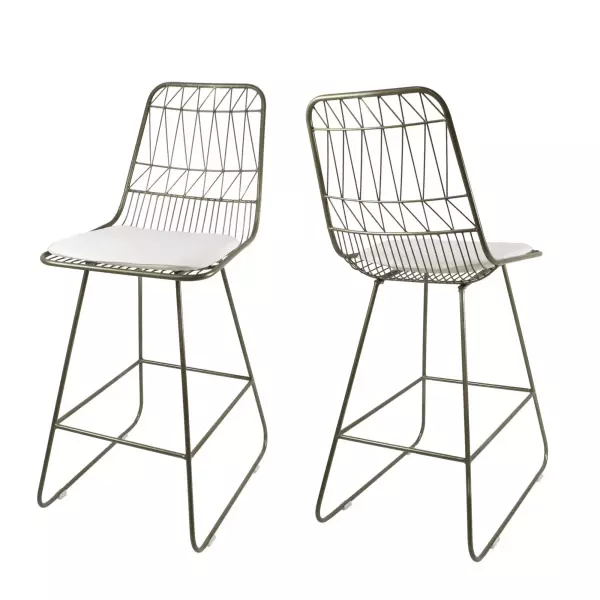 63918.00LBRSIVY Niez Outdoor Wire Counter Stools with Cushions (Set of 2), Light Brass and Ivory