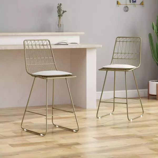 63918.00LBRSIVY Niez Outdoor Wire Counter Stools with Cushions (Set of 2), Light Brass and Ivory