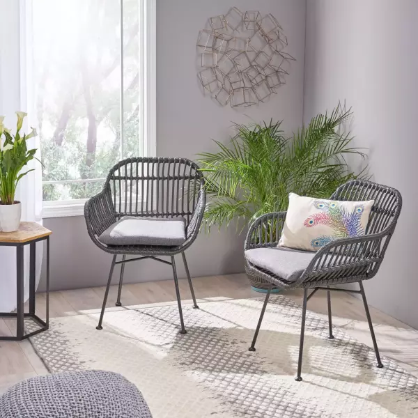 65036.00GRY Henning Indoor Woven Faux Rattan Chairs with Cushions (Set of 2), Gray and Dark Gray Finish