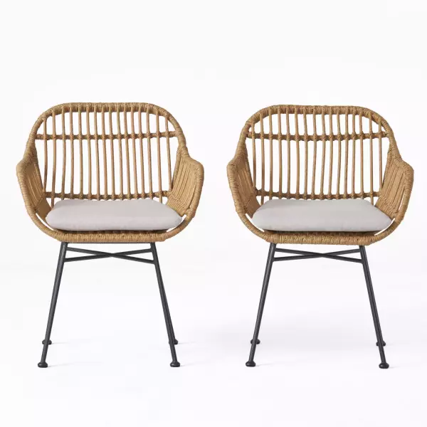 65036.00LBRN Henning Indoor Woven Faux Rattan Chairs with Cushions (Set of 2), Light Brown and Beige Finish