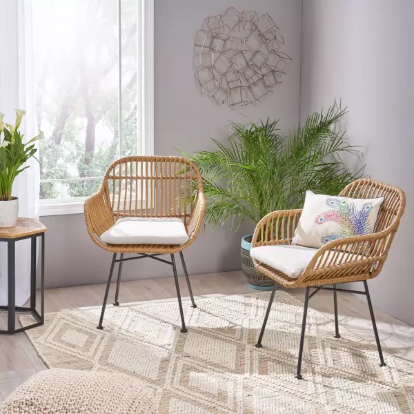 65036.00LBRN Henning Indoor Woven Faux Rattan Chairs with Cushions (Set of 2), Light Brown and Beige Finish
