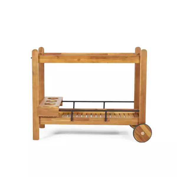 72835.00 Bavier Outdoor Acacia Wood 2 Tiered Bar Cart with Bottle Holders, Teak and Black