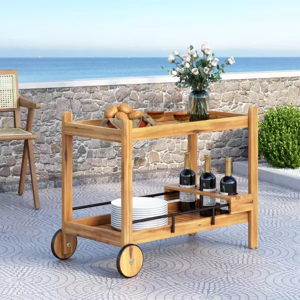 72835.00 Bavier Outdoor Acacia Wood 2 Tiered Bar Cart with Bottle Holders, Teak and Black