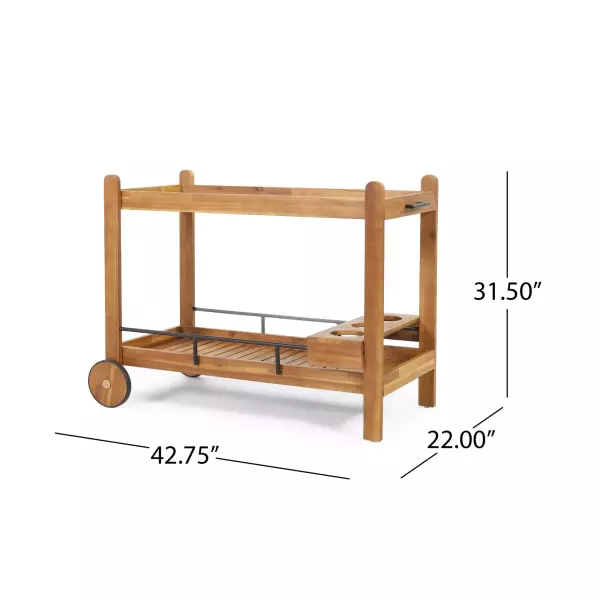316375 Bavier Outdoor Acacia Wood 2 Tiered Bar Cart With Bottle Holders Teak And Black 3