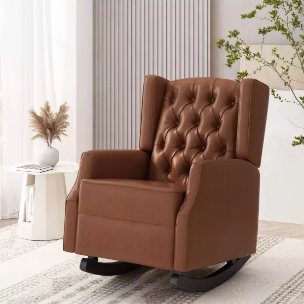 72152.00PUCOGN Carey Contemporary Faux Leather Tufted Wingback Rocking Chair, Cognac Brown and Dark Brown