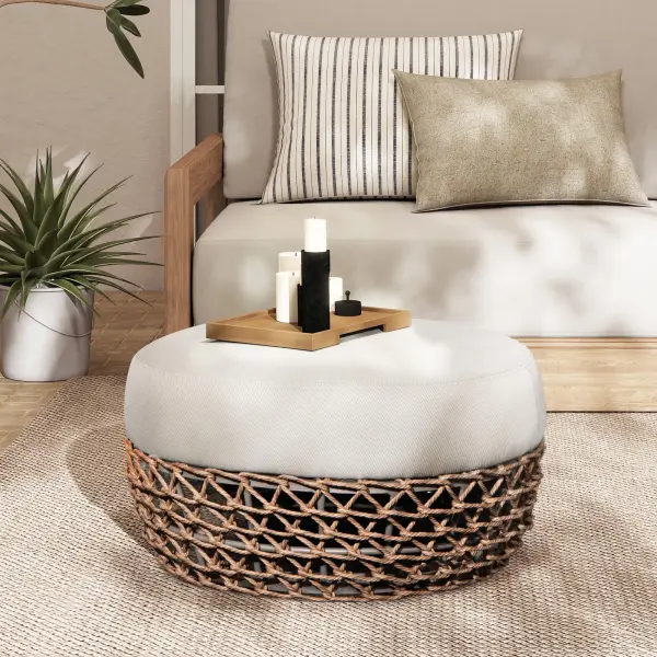 B2719P305701 Willow 25" Round Upholstered Woven Patio Ottoman in Beige