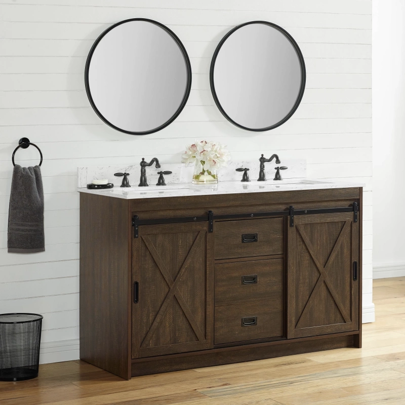 Rafter 54rb D Rafter 54 Double Bathroom Vanity With Engineered Stone Top In Rustic Brown 2