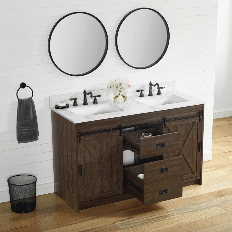 Rafter 54rb D Rafter 54 Double Bathroom Vanity With Engineered Stone Top In Rustic Brown 4