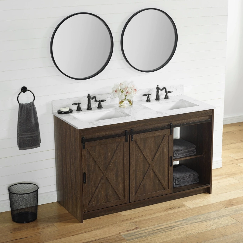 Rafter 54rb D Rafter 54 Double Bathroom Vanity With Engineered Stone Top In Rustic Brown 5
