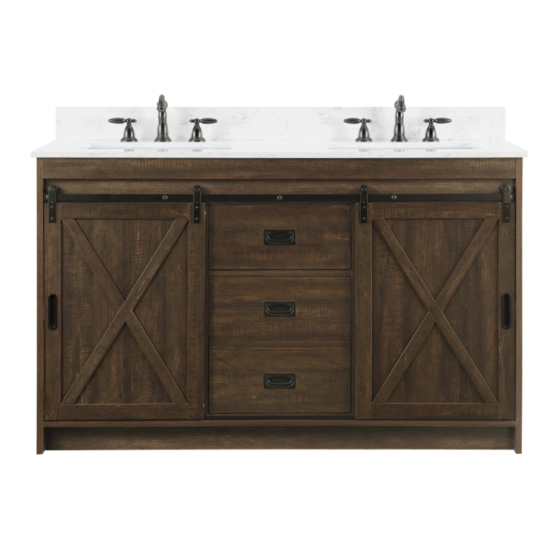 RAFTER-54RB-D RAFTER 54" Rustic Brown Double Sink Vanity with Carrara White Top in Rustic Brown