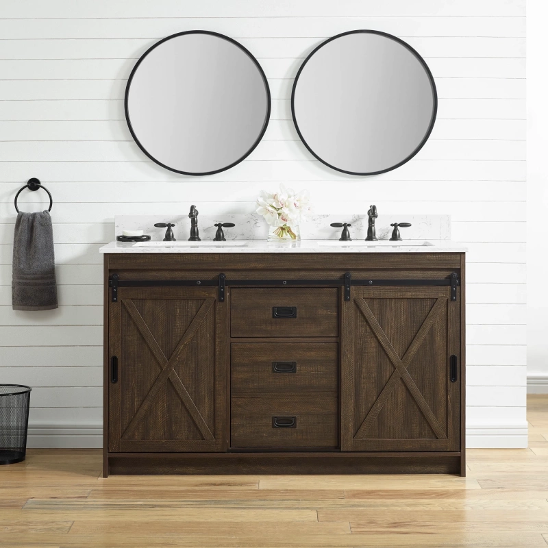 RAFTER-54RB-D RAFTER 54" Rustic Brown Double Sink Vanity with Carrara White Top in Rustic Brown