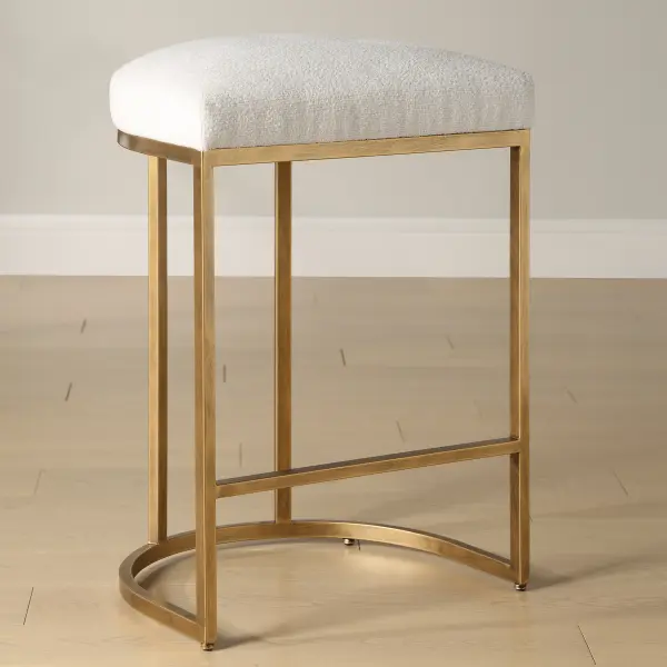 W23038 Modern Iron Counter Stool in Antique Brushed Brass and Textured Cream Performance Fabric - 26" High by ID Inspo